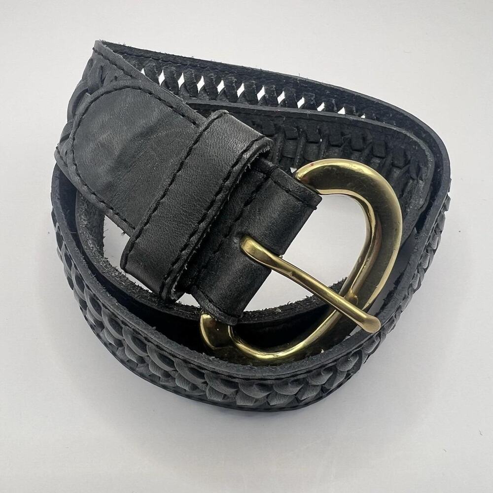 Vintage Brass and Black Leather Woven Belt